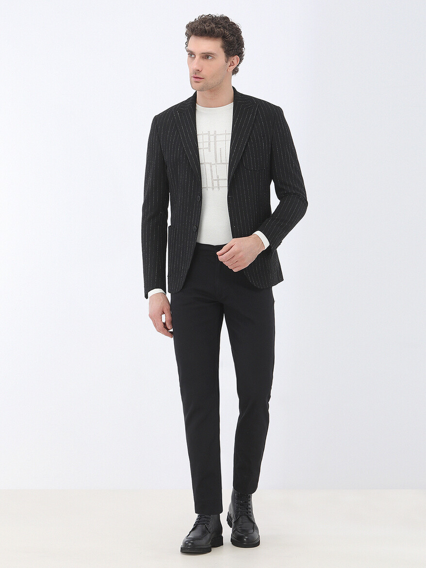 Black Weaving Slim Fit Casual Cotton Blended Trousers - 3