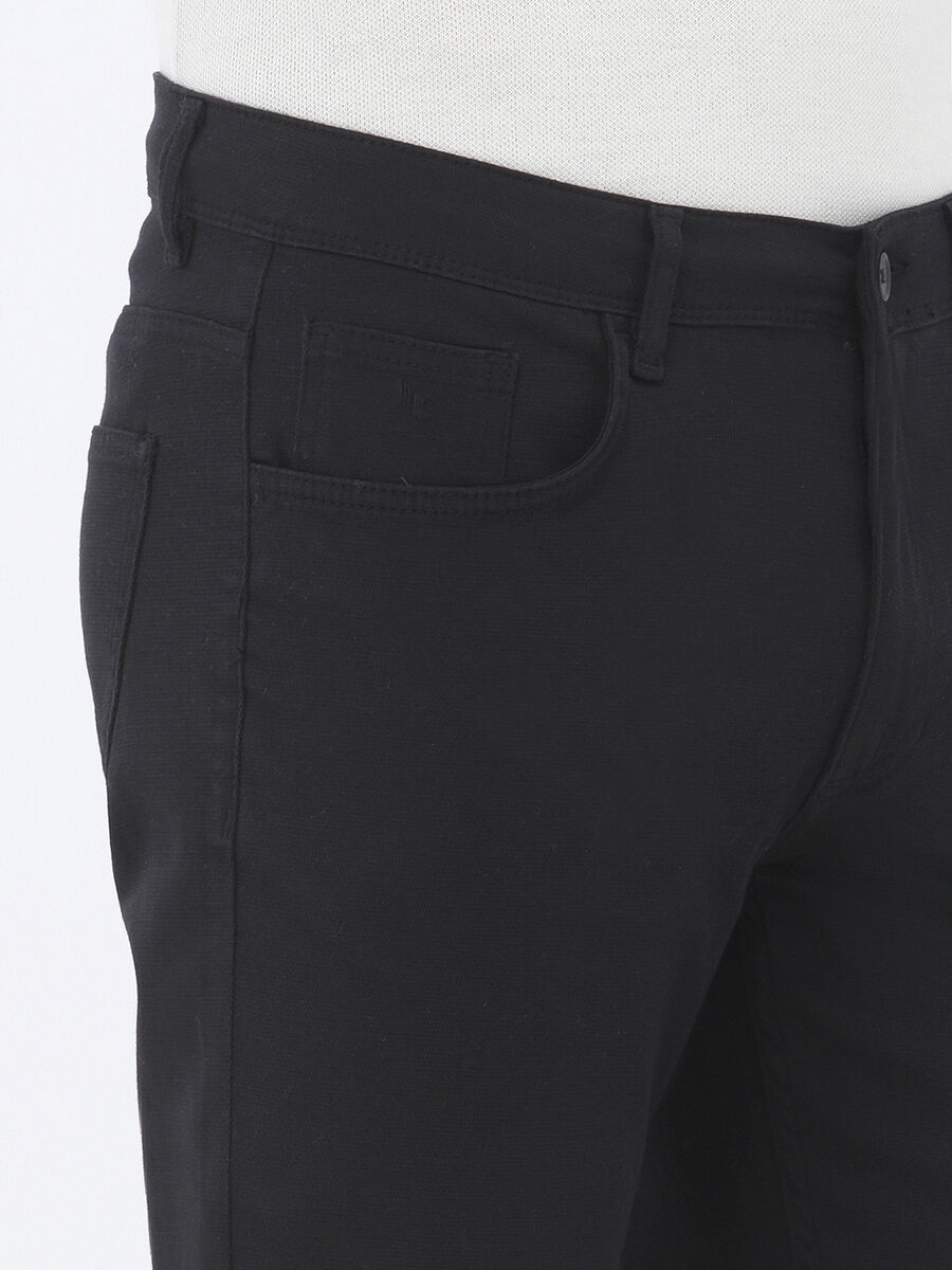 Black Weaving Slim Fit Casual Cotton Blended Trousers - 5