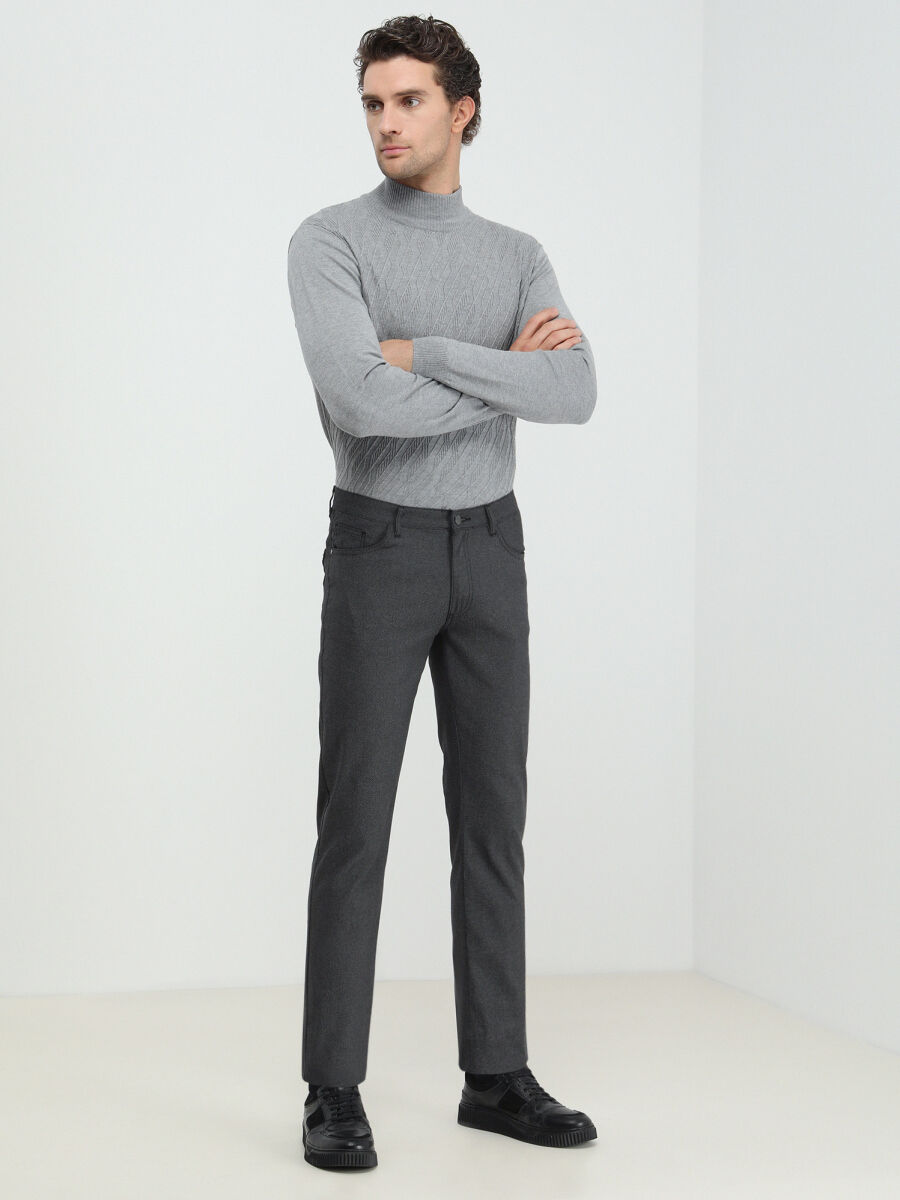 Black Weaving Slim Fit Casual Cotton Blended Trousers - 1