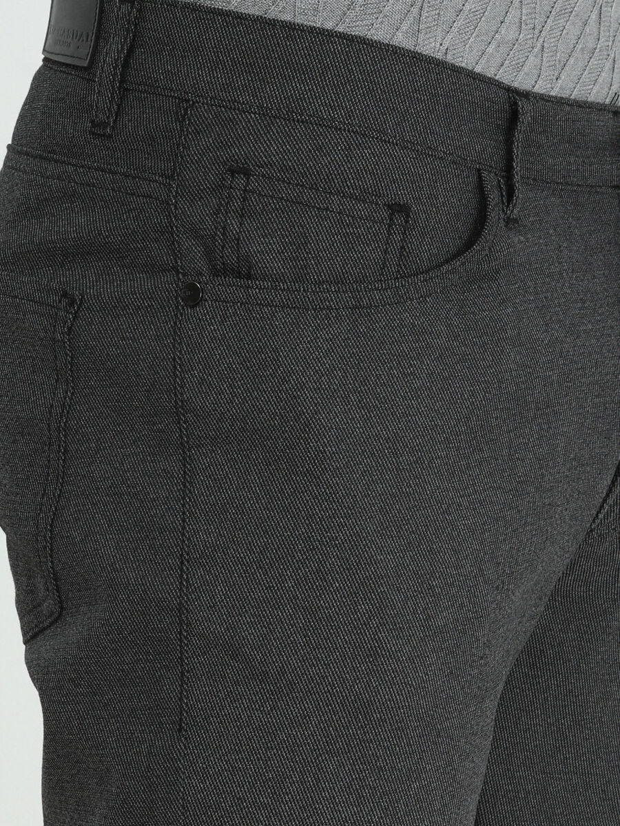 Black Weaving Slim Fit Casual Cotton Blended Trousers - 3
