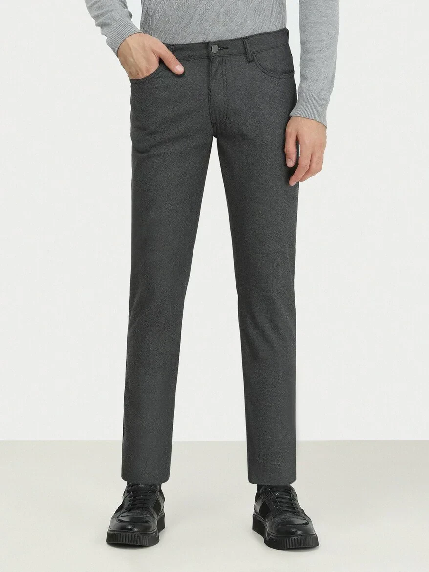 Black Weaving Slim Fit Casual Cotton Blended Trousers - 1