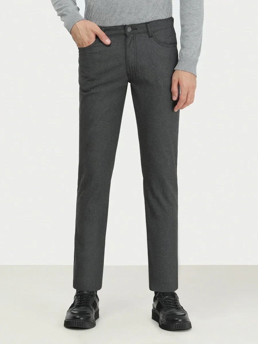 Black Weaving Slim Fit Casual Cotton Blended Trousers - 1