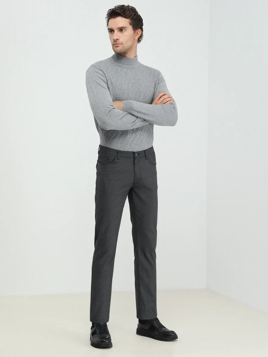 Black Weaving Slim Fit Casual Cotton Blended Trousers - 2