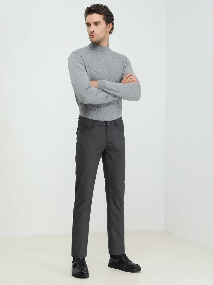 Black Weaving Slim Fit Casual Cotton Blended Trousers - 2