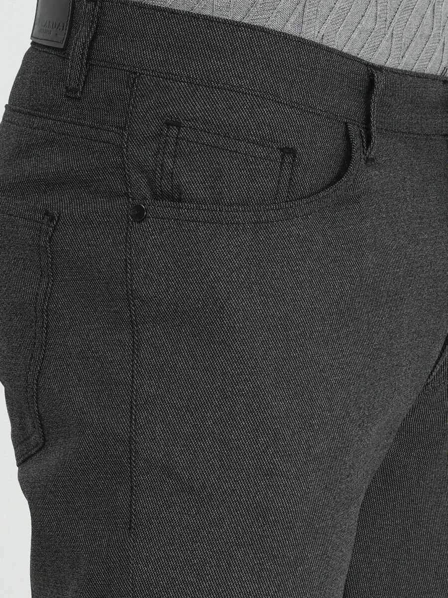 Black Weaving Slim Fit Casual Cotton Blended Trousers - 3