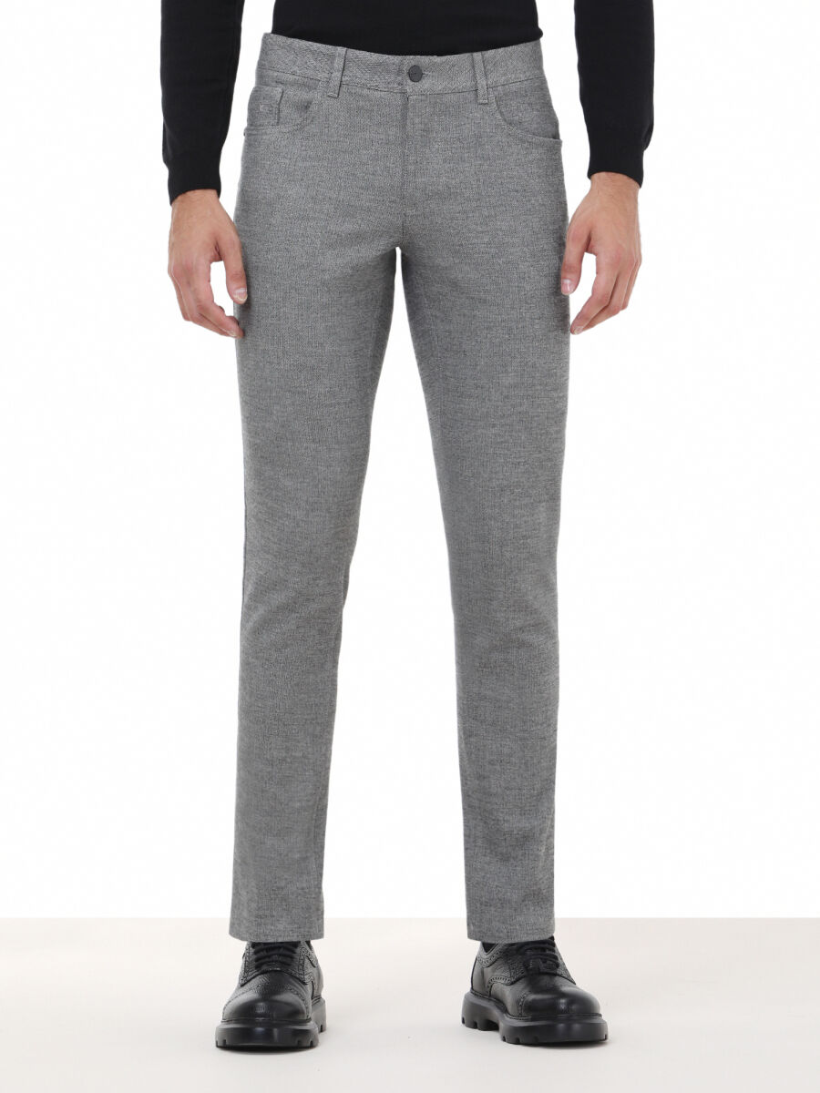 Black Weaving Slim Fit Casual Cotton Blended Trousers - 1