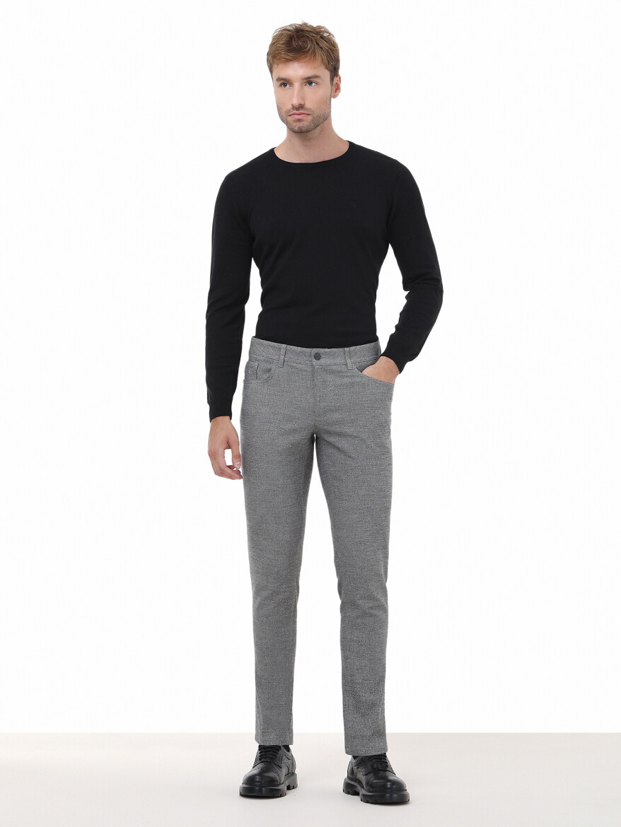 Black Weaving Slim Fit Casual Cotton Blended Trousers - 2