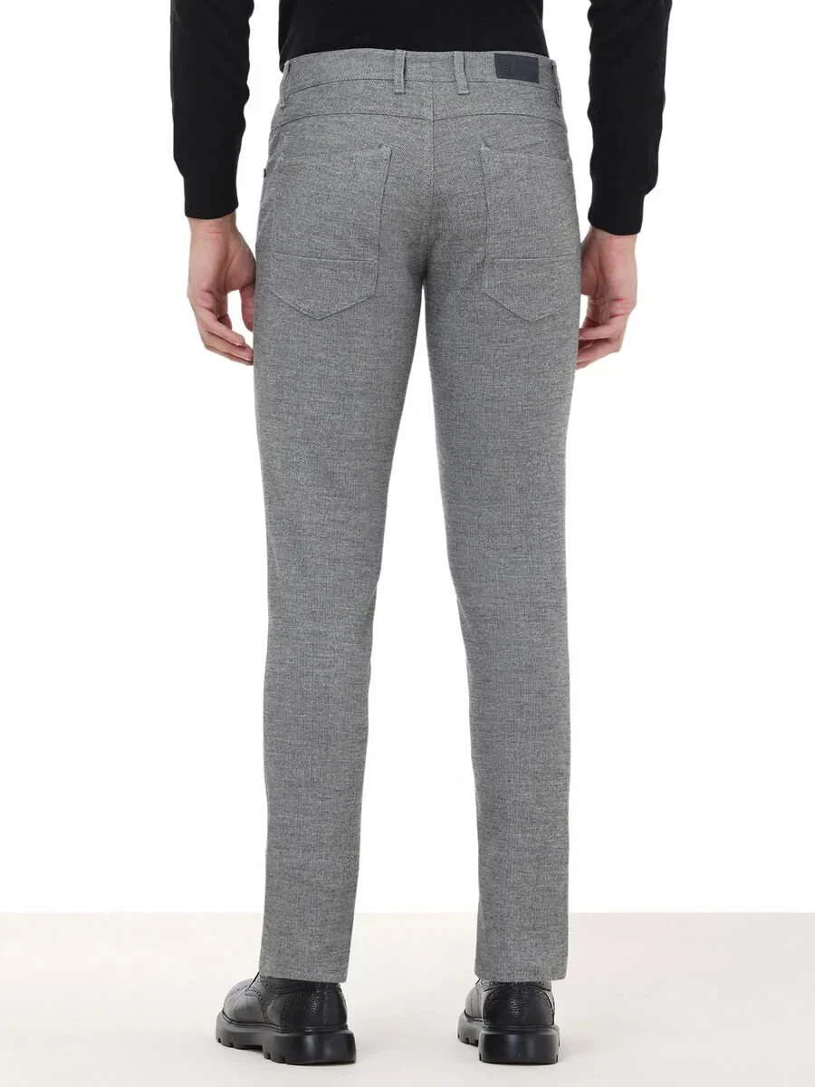 Black Weaving Slim Fit Casual Cotton Blended Trousers - 5