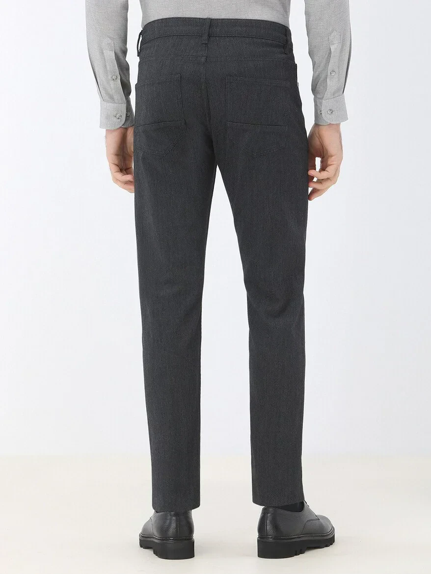 Black Weaving Slim Fit Casual Cotton Blended Trousers - 4