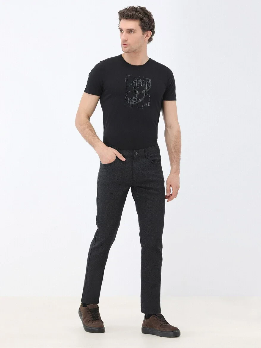 Black Weaving Slim Fit Casual Cotton Blended Trousers - 2
