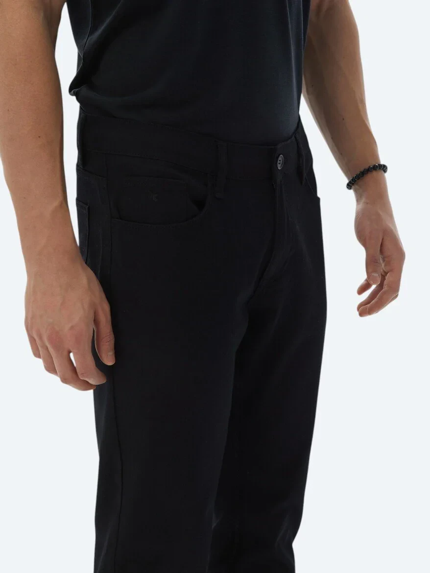Black Weaving Slim Fit Casual Cotton Blended Trousers - 4