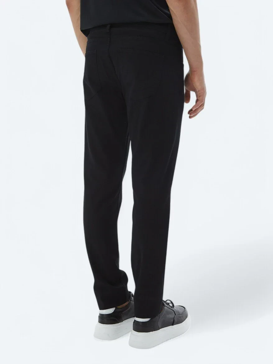 Black Weaving Slim Fit Casual Cotton Blended Trousers - 5