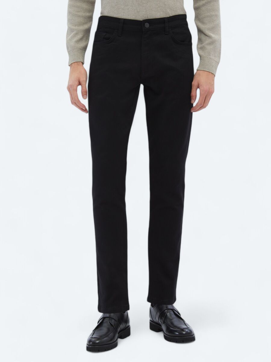 Black Weaving Slim Fit Casual Cotton Blended Trousers - 2