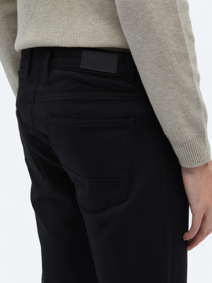 Black Weaving Slim Fit Casual Cotton Blended Trousers - 4