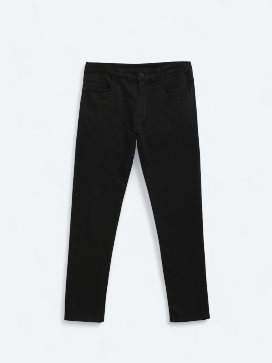 Black Weaving Slim Fit Casual Cotton Blended Trousers - 6