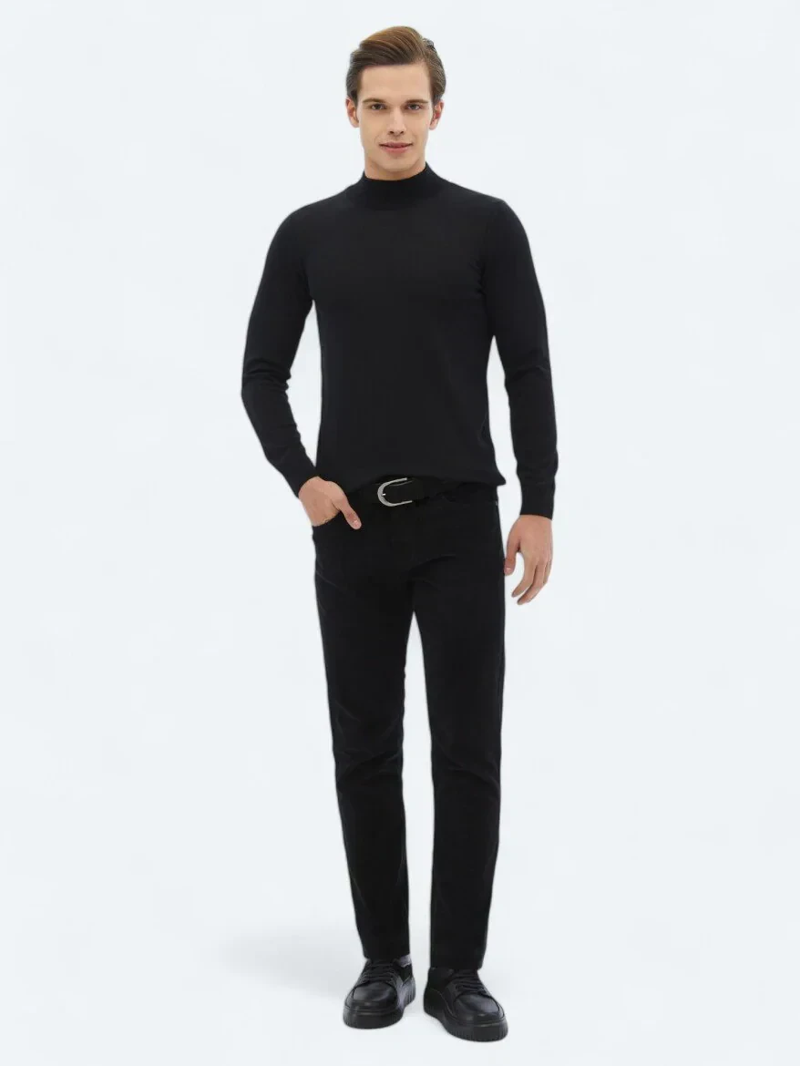 Black Weaving Slim Fit Casual Cotton Blended Trousers - 1