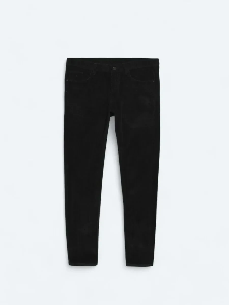 Black Weaving Slim Fit Casual Cotton Blended Trousers - 6