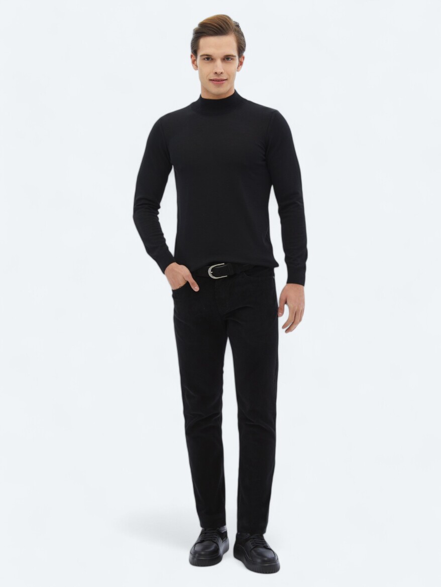 Black Weaving Slim Fit Casual Cotton Blended Trousers - KİP