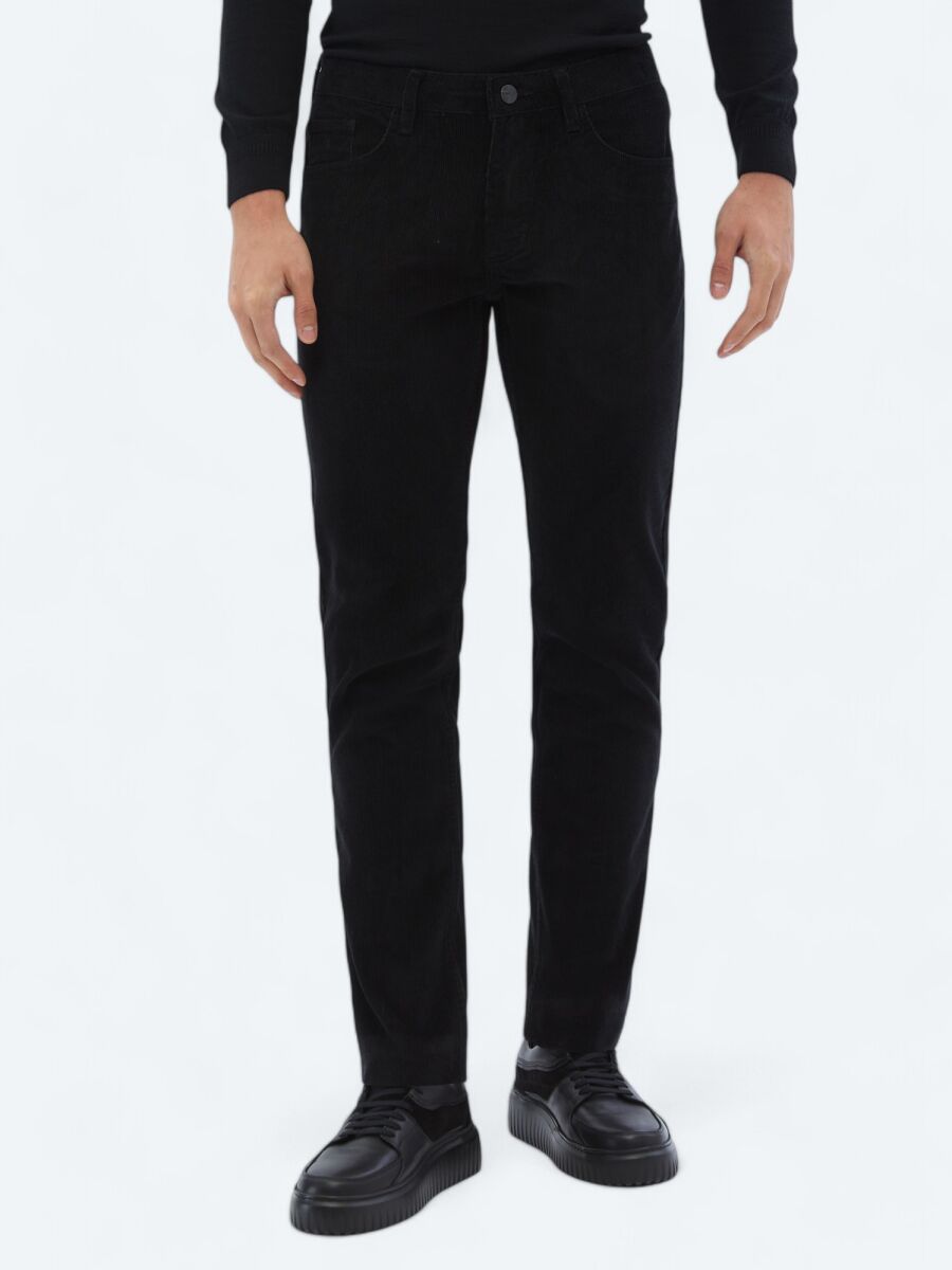 Black Weaving Slim Fit Casual Cotton Blended Trousers - 2