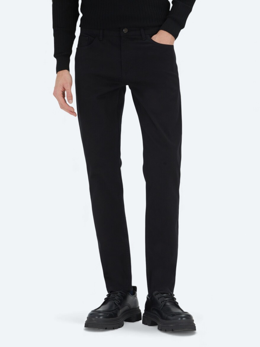 Black Weaving Slim Fit Casual Cotton Blended Trousers - 2
