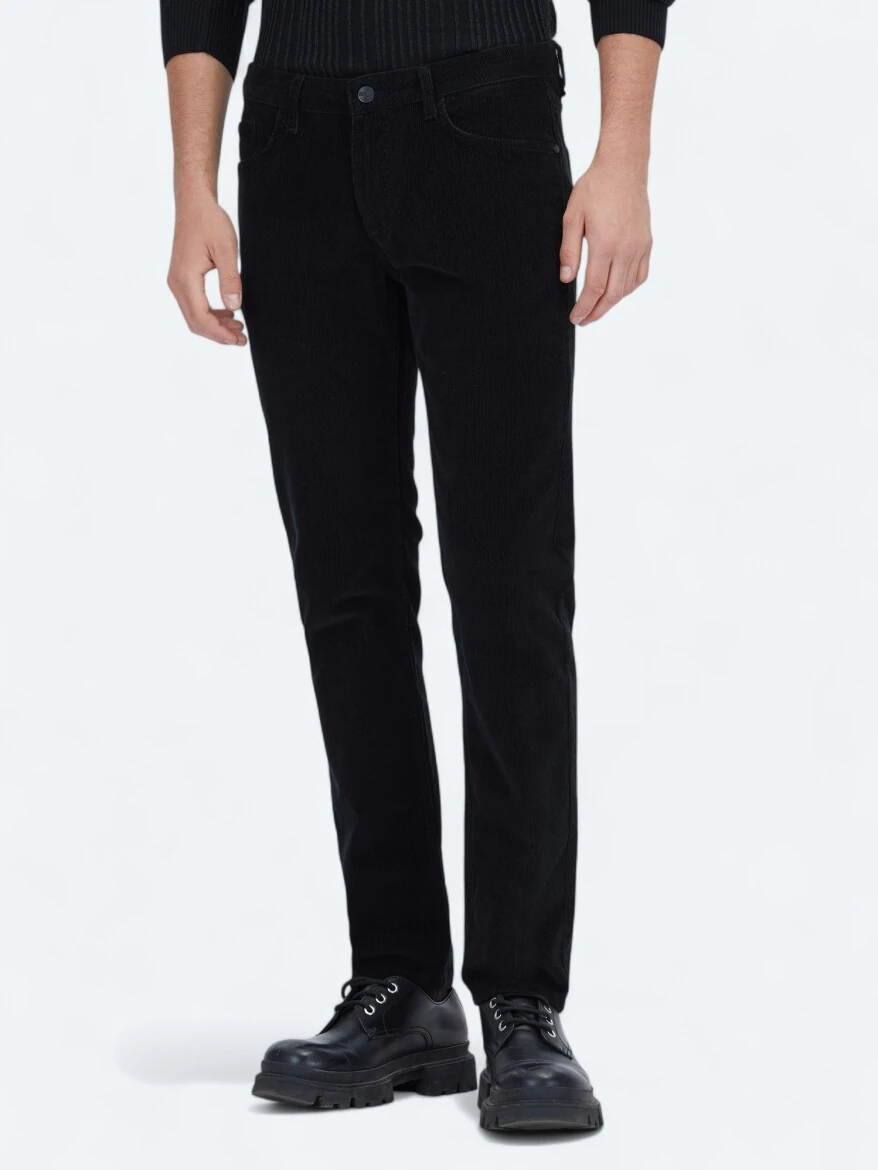 Black Weaving Slim Fit Casual Cotton Blended Trousers 
