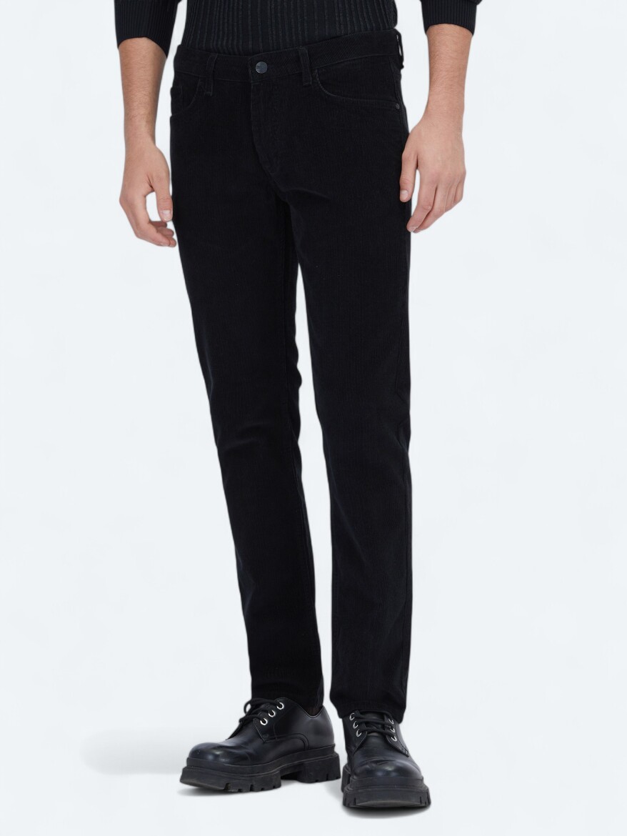 Black Weaving Slim Fit Casual Cotton Blended Trousers - KİP