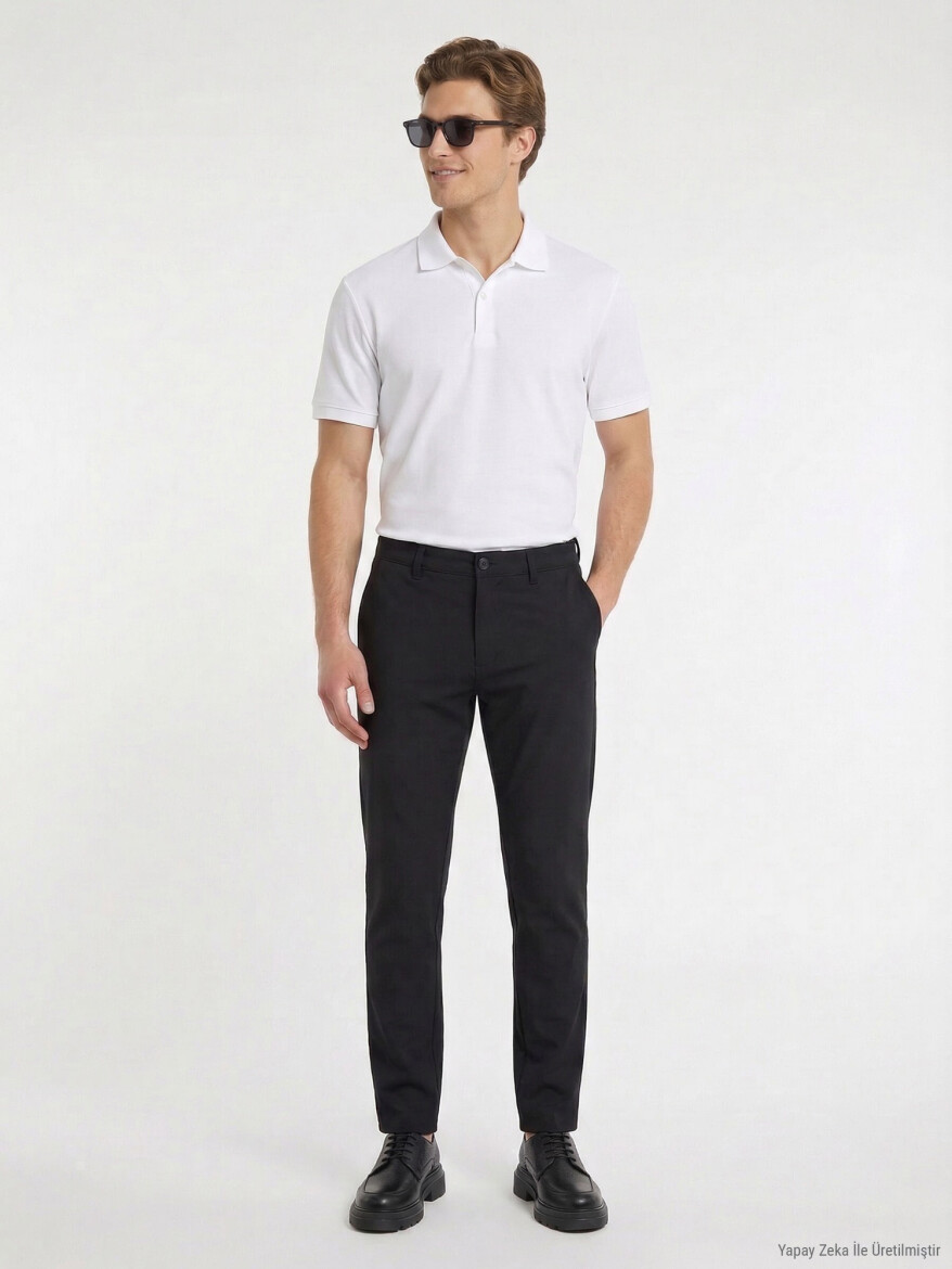 Black Weaving Slim Fit Casual Trousers - KİP