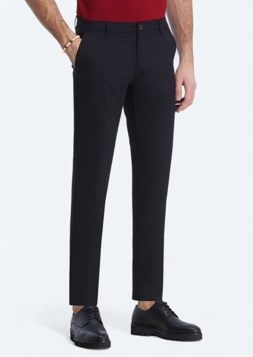 Black Weaving Slim Fit Casual Trousers - 1