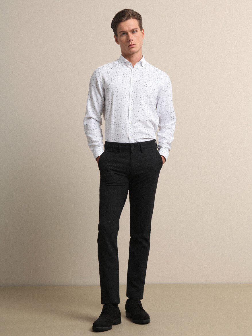 Black Weaving Slim Fit Smart Casual Cotton Blended Trousers - 1