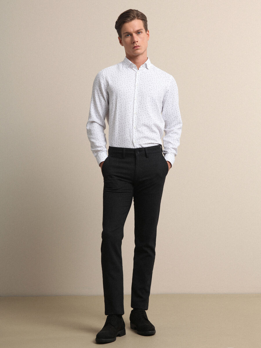 Black Weaving Slim Fit Smart Casual Cotton Blended Trousers - 1