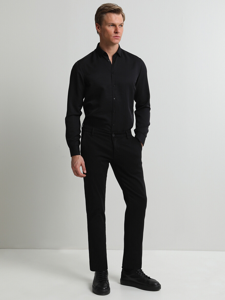 Black Weaving Slim Fit Smart Casual Cotton Blended Trousers - 2