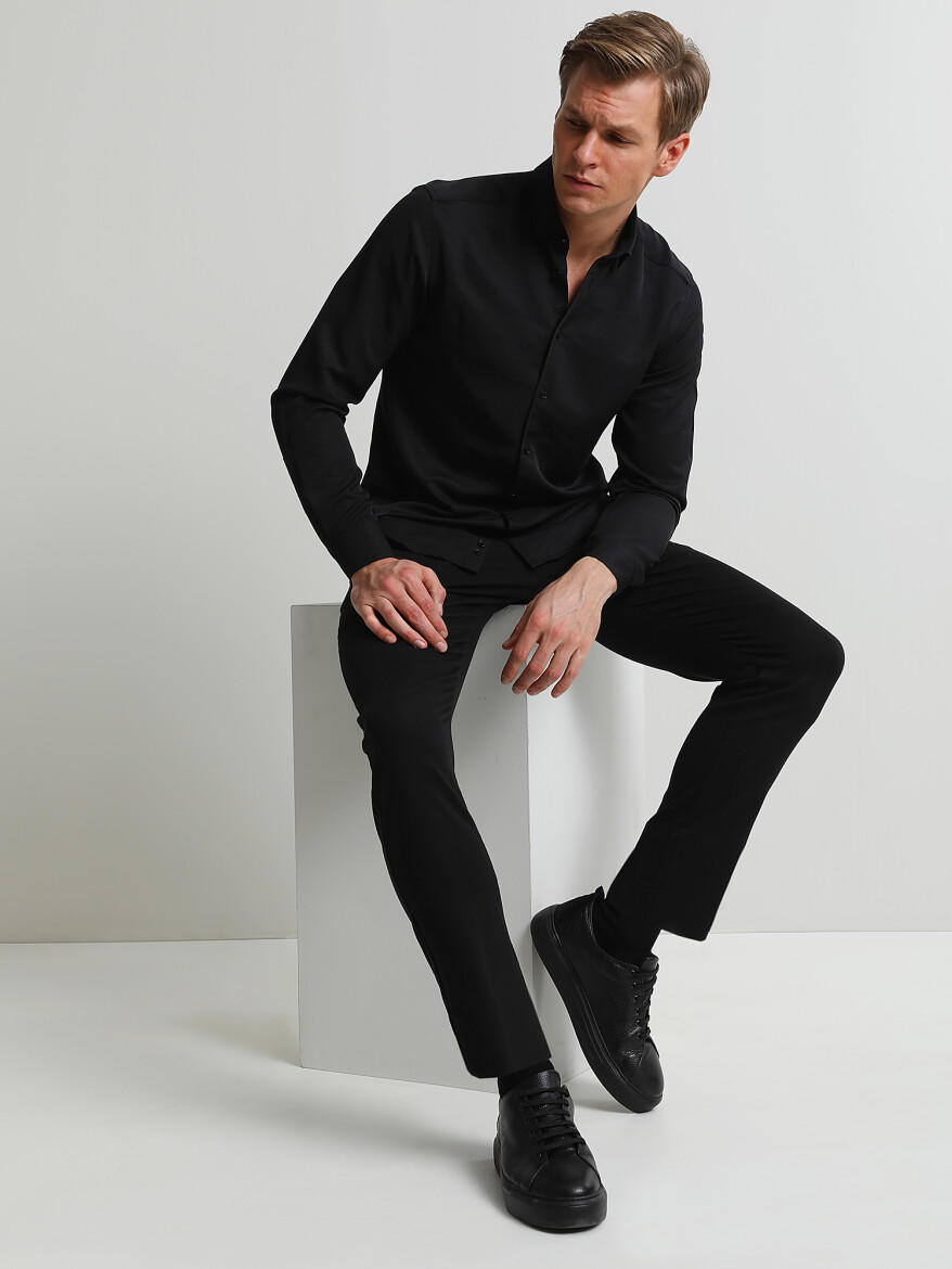 Black Weaving Slim Fit Smart Casual Cotton Blended Trousers - 3