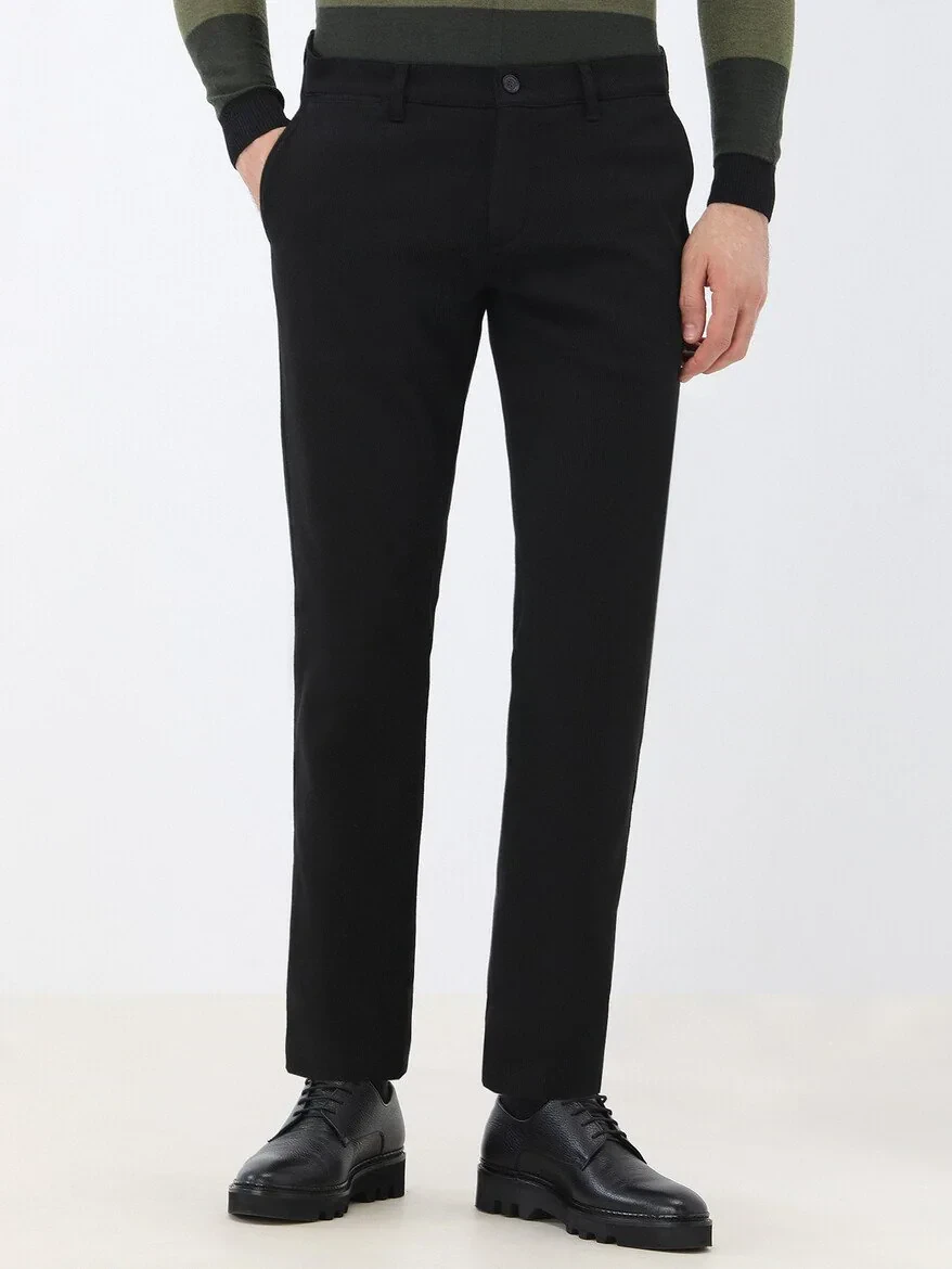Black Weaving Slim Fit Smart Casual Cotton Blended Trousers - 1