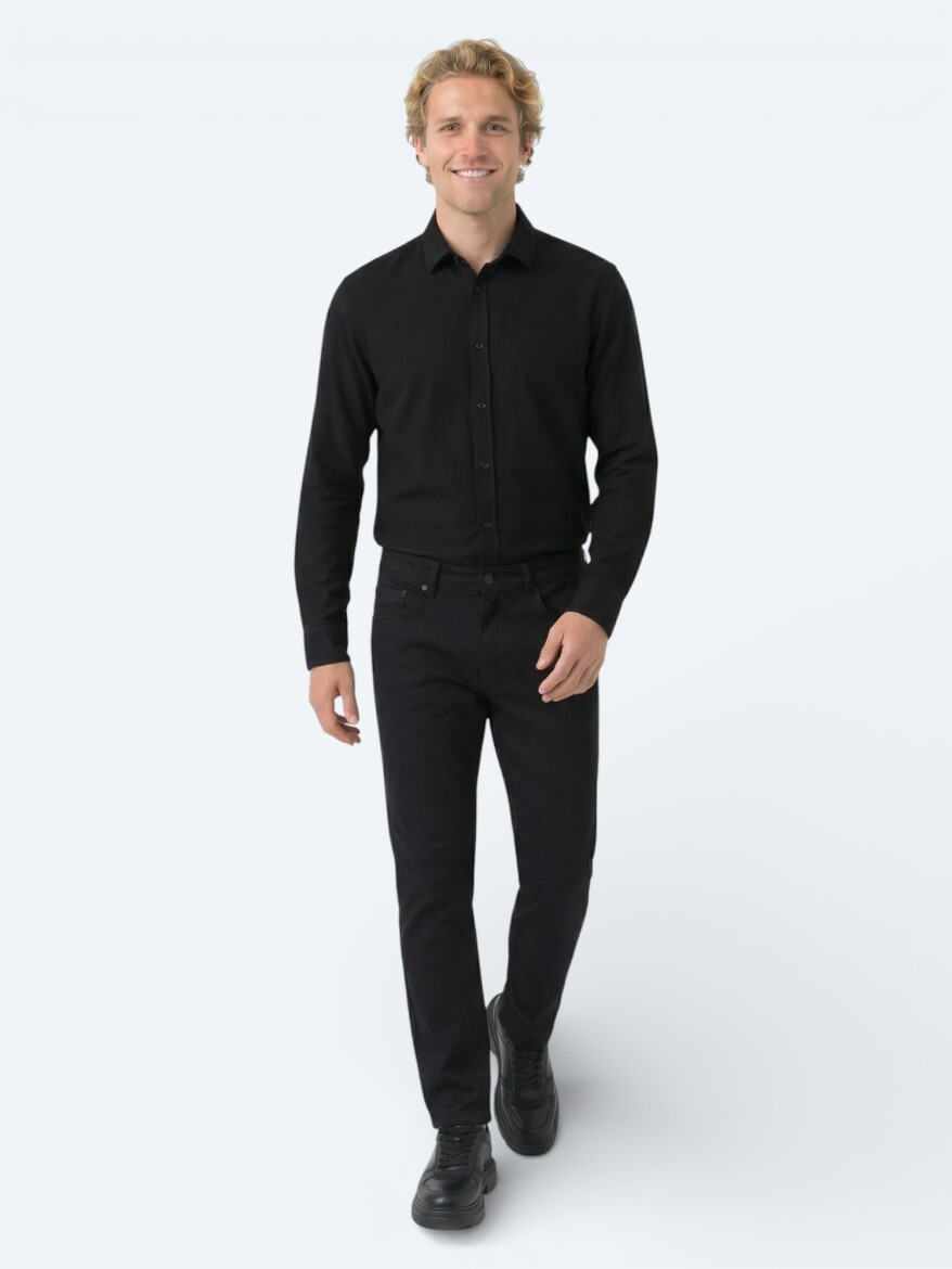 Black Weaving Slim Fit Sport Cotton Blended Trousers - 3