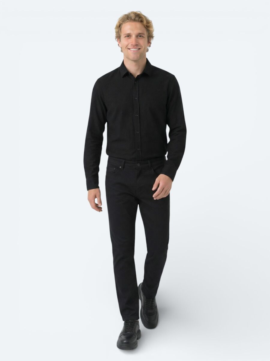 Black Weaving Slim Fit Sport Cotton Blended Trousers - 3