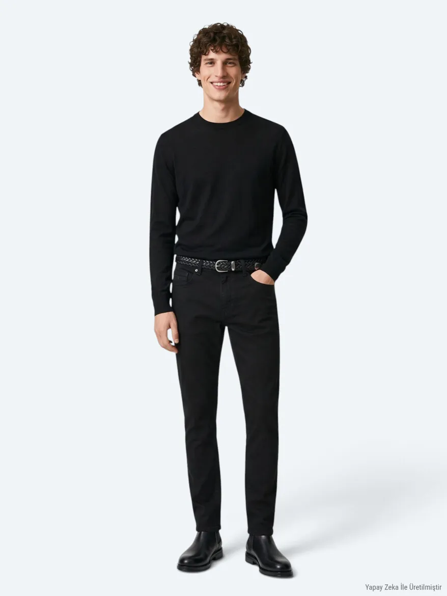 Black Weaving Slim Fit Sport Cotton Blended Trousers - 1