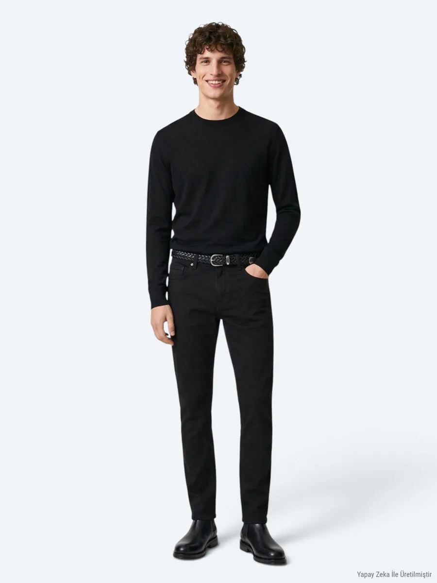 Black Weaving Slim Fit Sport Cotton Blended Trousers - 1