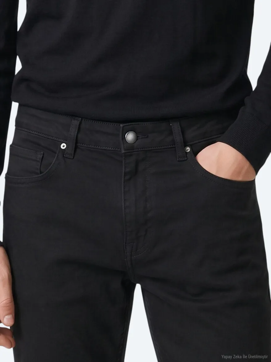 Black Weaving Slim Fit Sport Cotton Blended Trousers - 5