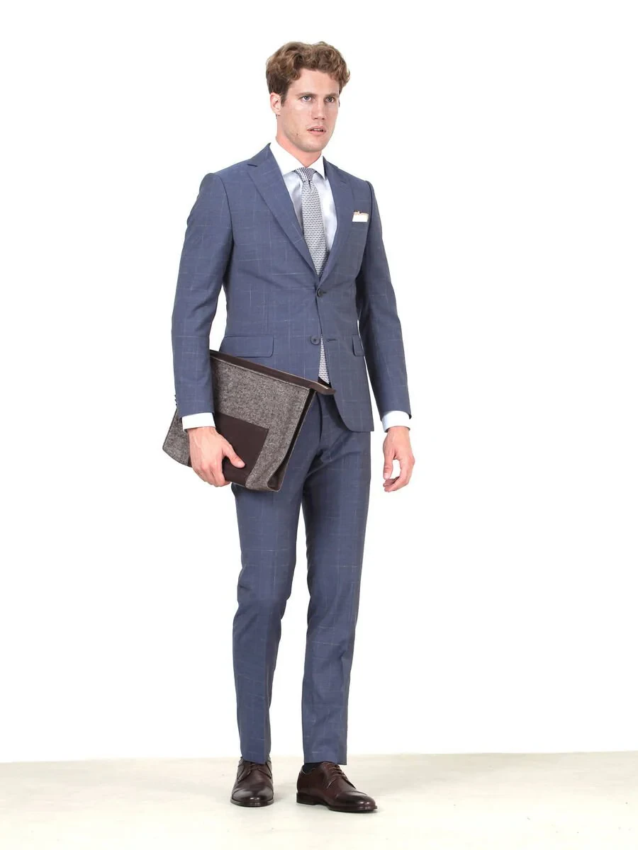 Blue Checkered Modern Fit 100% Wool Suit - 1
