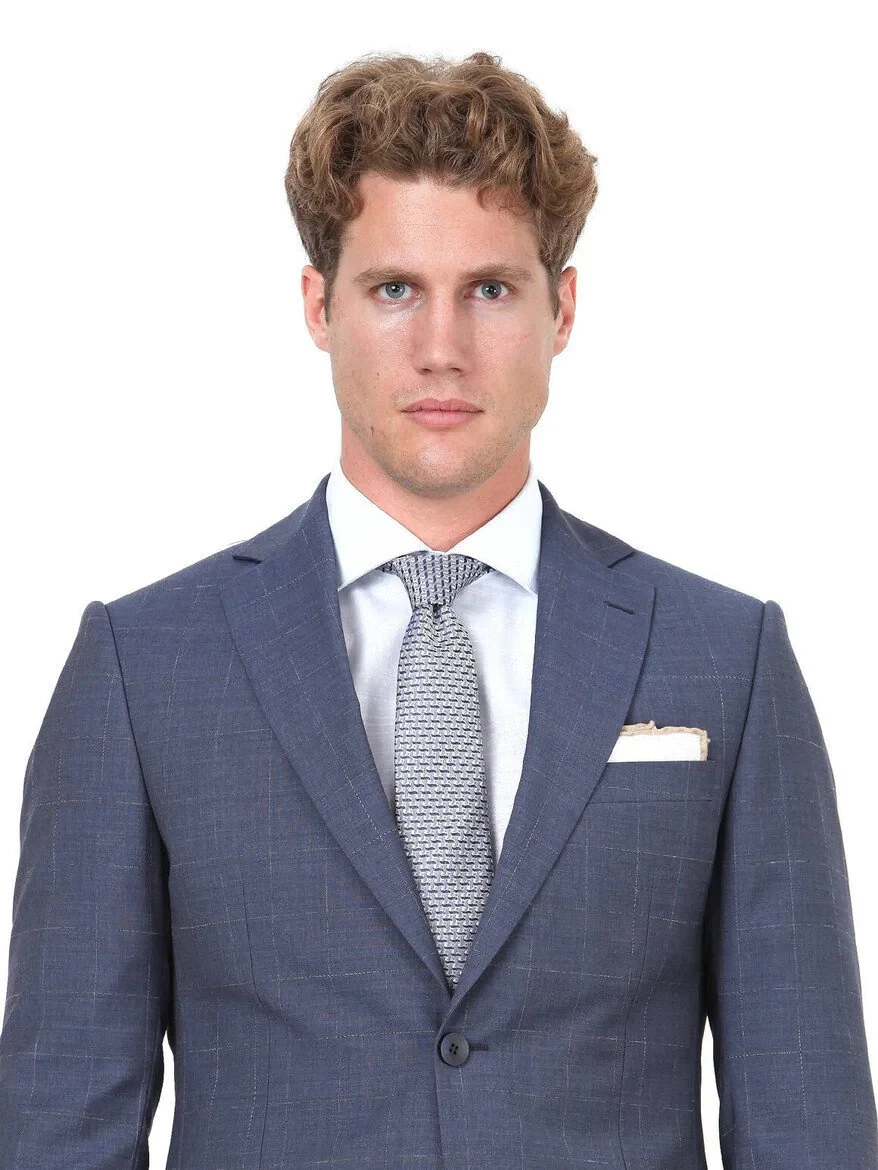 Blue Checkered Modern Fit 100% Wool Suit - 3
