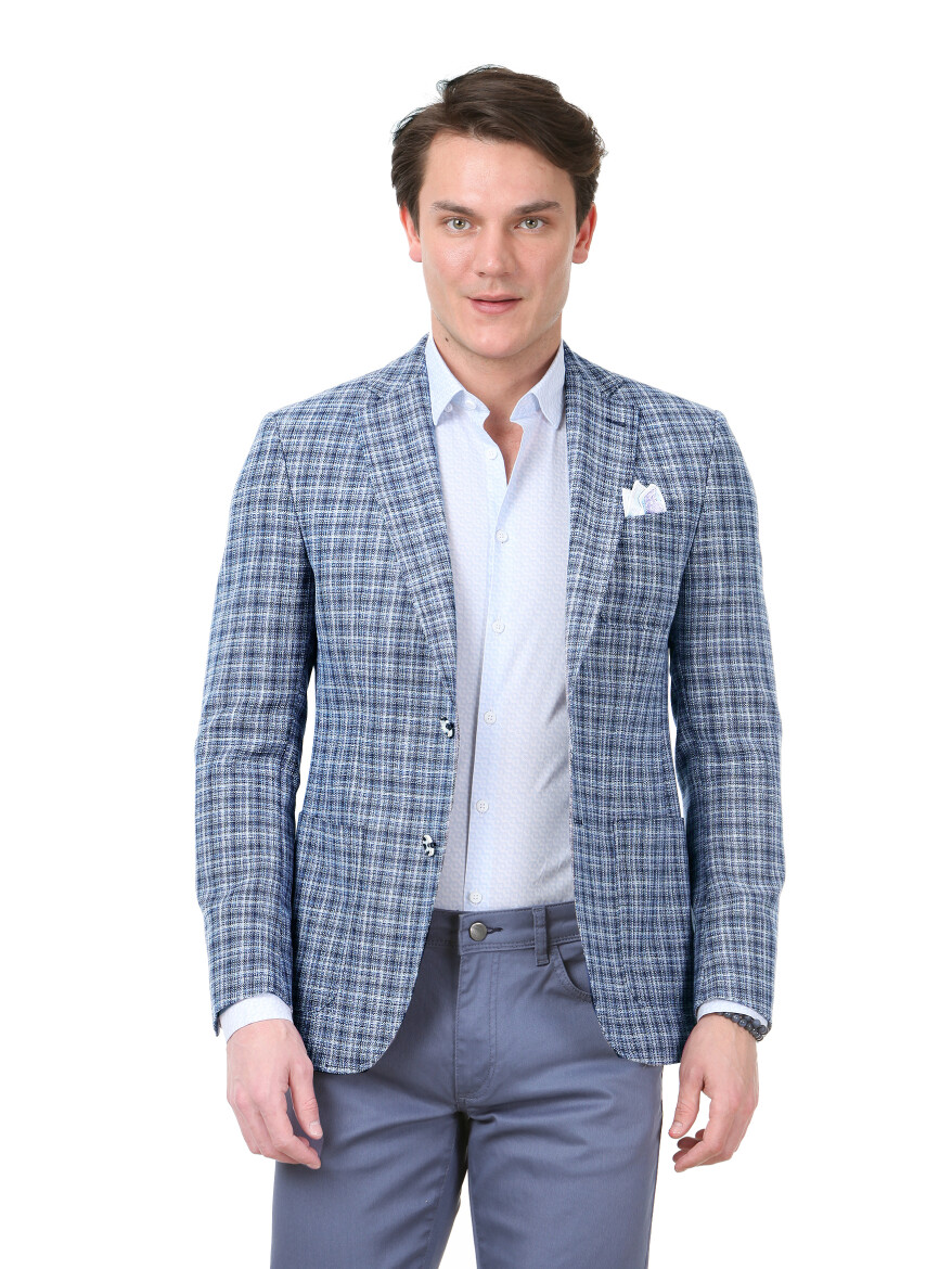 Blue Checkered Modern Fit Wool Blended Jacket - 1