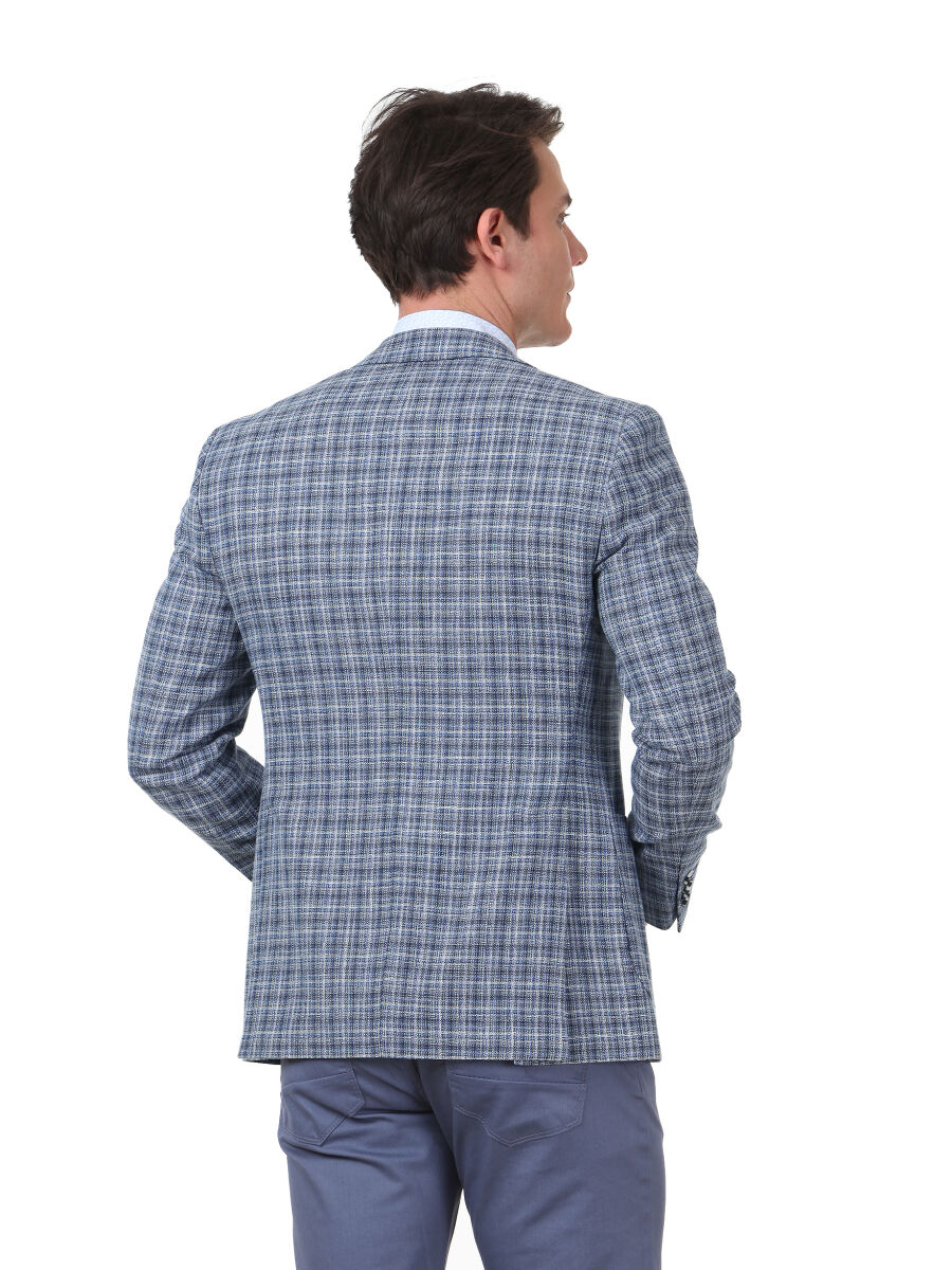 Blue Checkered Modern Fit Wool Blended Jacket - 4