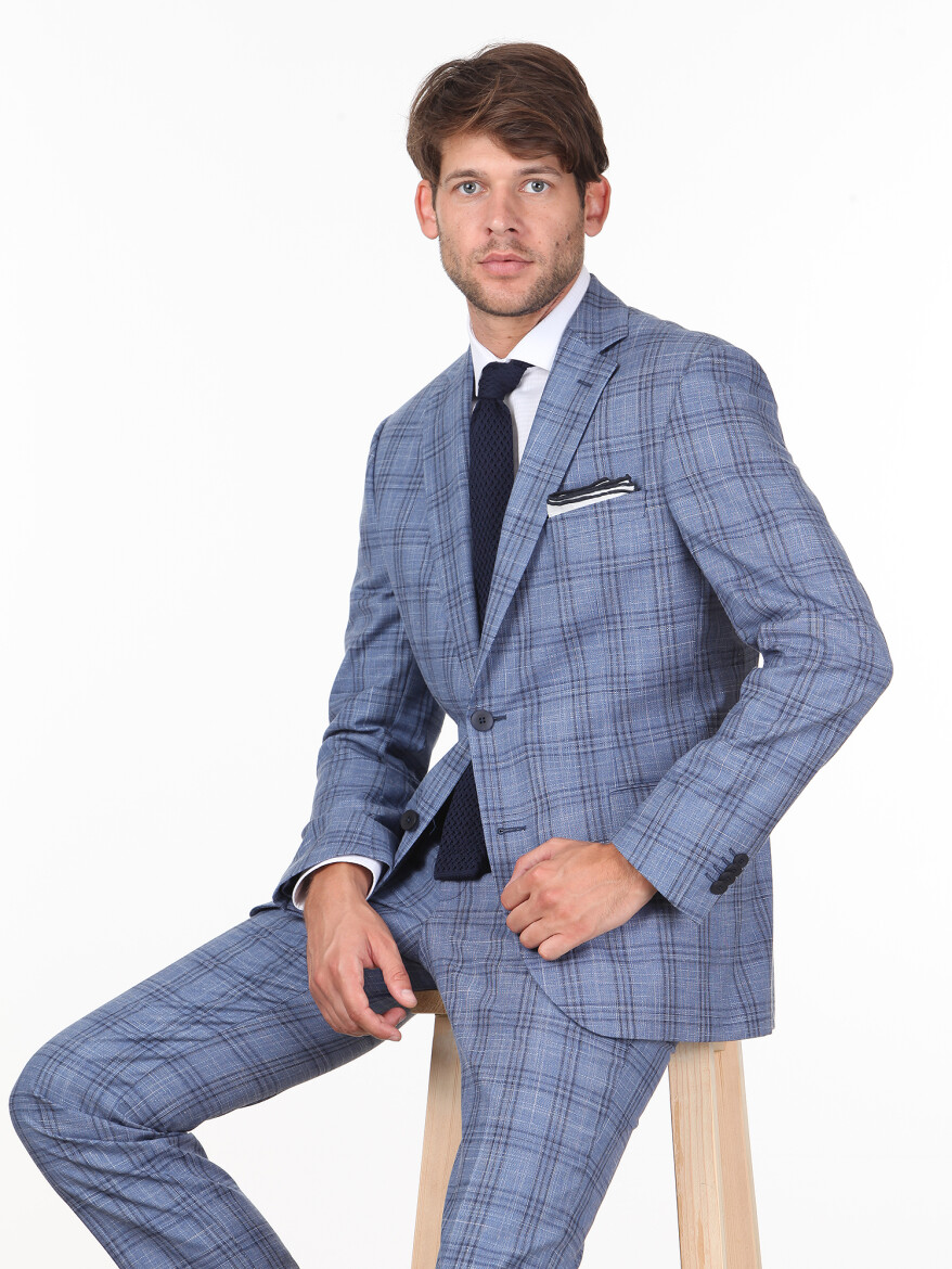 Blue Checkered Modern Fit Wool Blended Suit - 1
