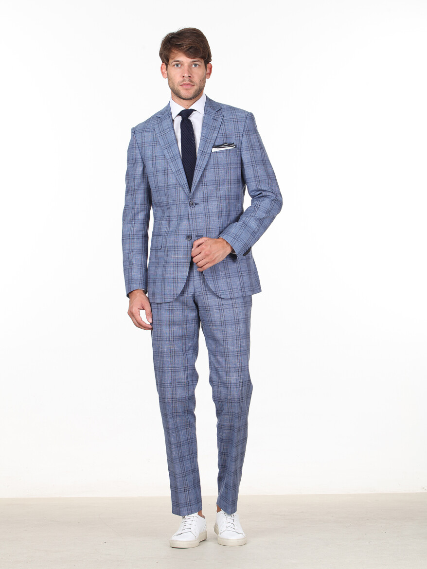 Blue Checkered Modern Fit Wool Blended Suit - 3