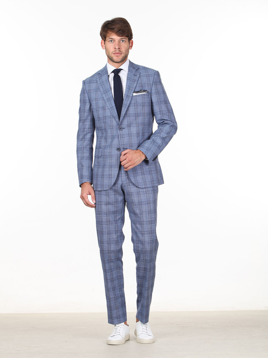 Blue Checkered Modern Fit Wool Blended Suit - 3