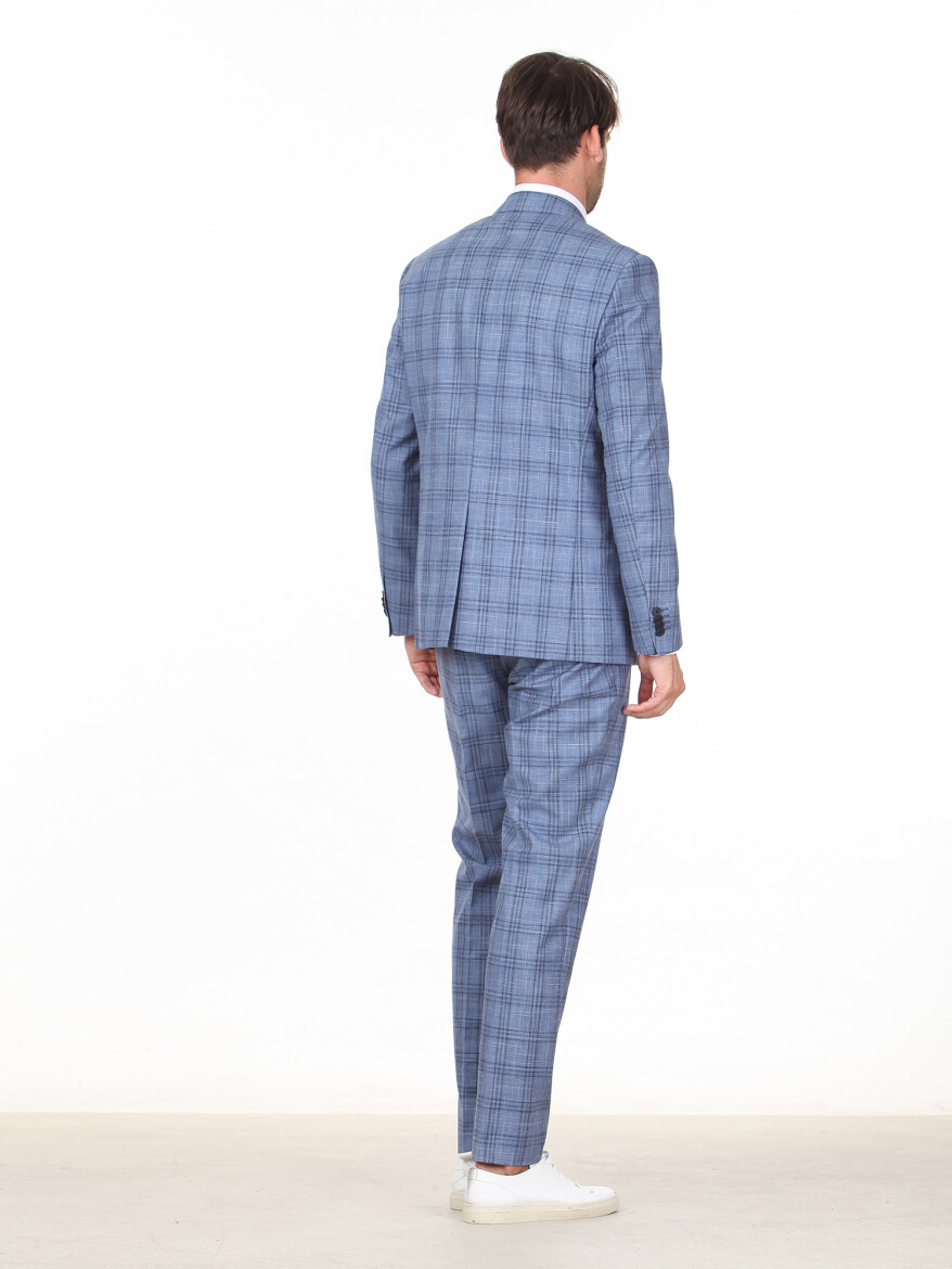 Blue Checkered Modern Fit Wool Blended Suit - 4