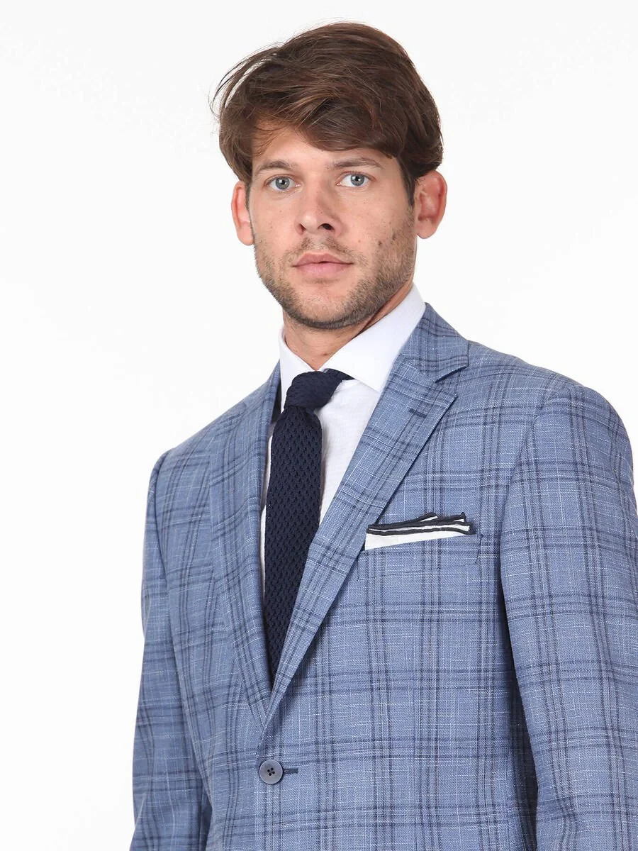 Blue Checkered Modern Fit Wool Blended Suit - 2