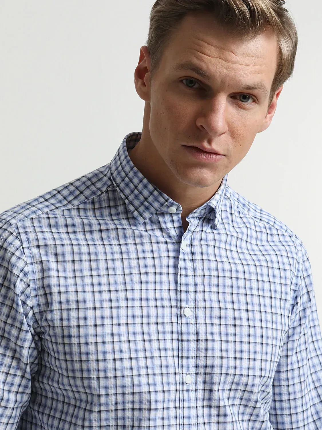 Blue Checkered Regular Fit Weaving Casual 100% Cotton Shirt - 1