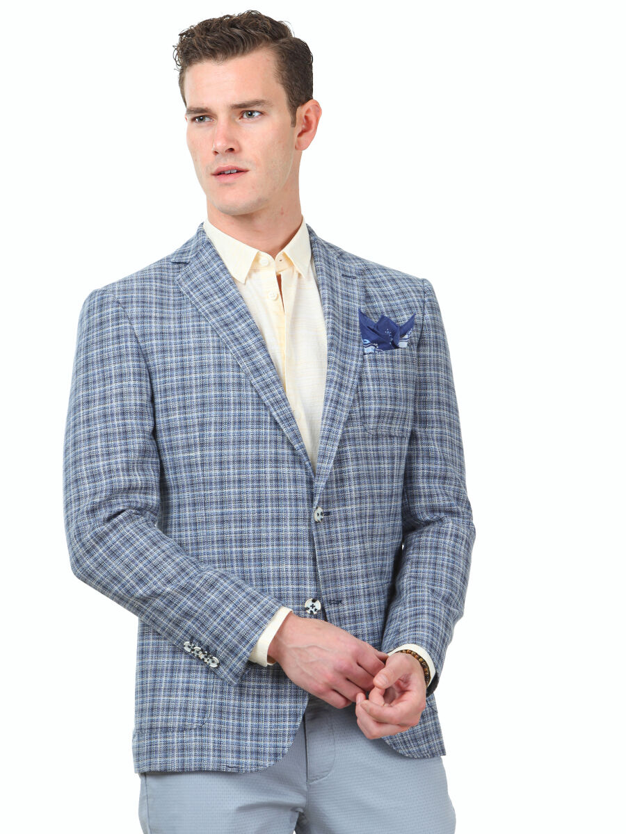 Blue Checkered Regular Fit Wool Blended Jacket - 1