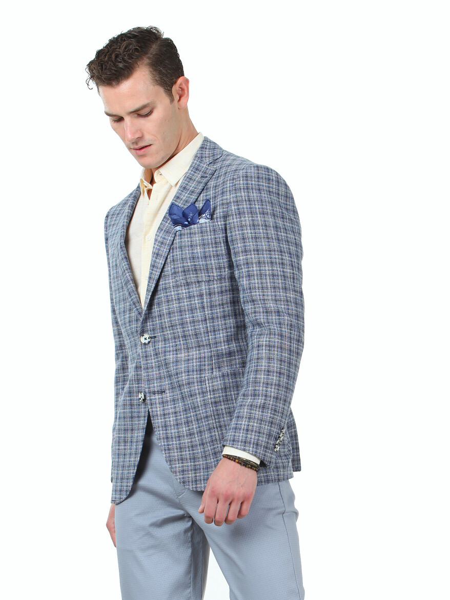 Blue Checkered Regular Fit Wool Blended Jacket - 3